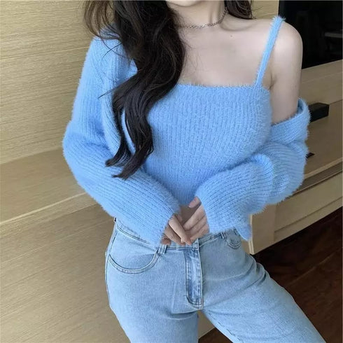 Two-Piece Camisole Knitted Vest with Long Sleeve Cropped Cardigan